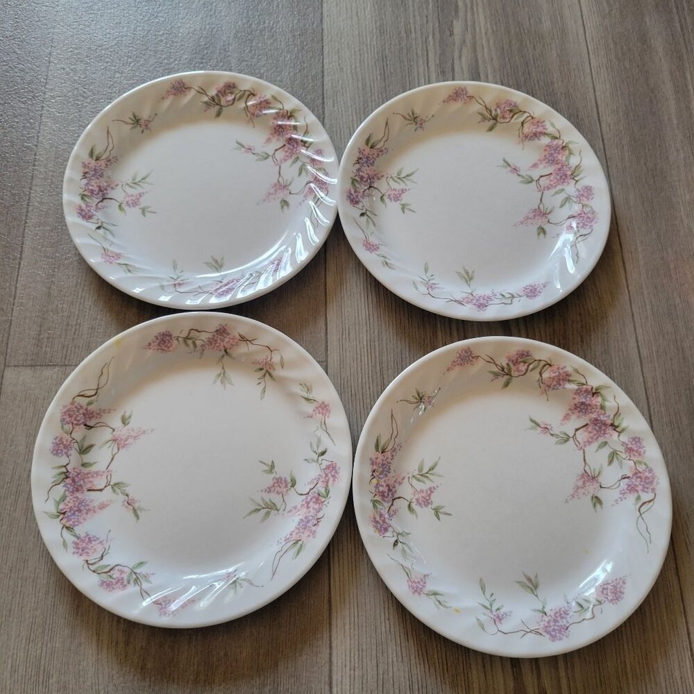 Corelle Wisteria Salad Plates 7" Inch Set Of 4 Made In USA Vintage Floral Design